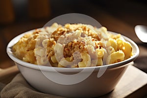 A bowl of macaroni and cheese with a crispy breadcrumb topping. 